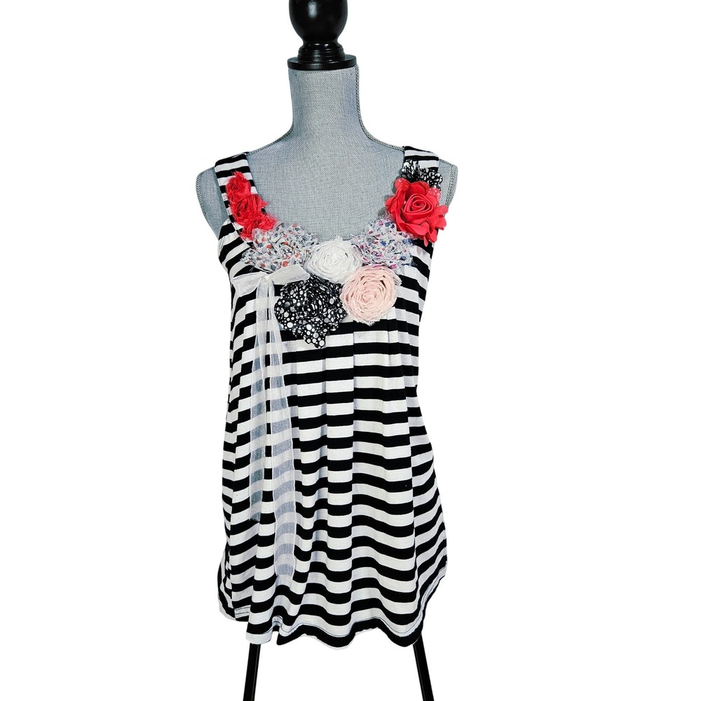 Feratelli Black White Striped Floral 3D Rosette Tank Top M Twee Coquette Whimsy